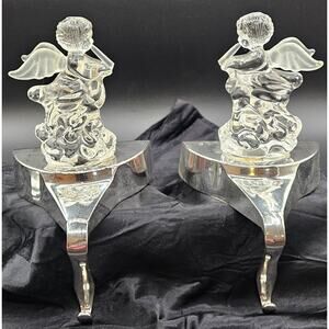 Mikasa Studio Nova Woodland Holly Angel Stocking Holders Set of 2 Glass Silver